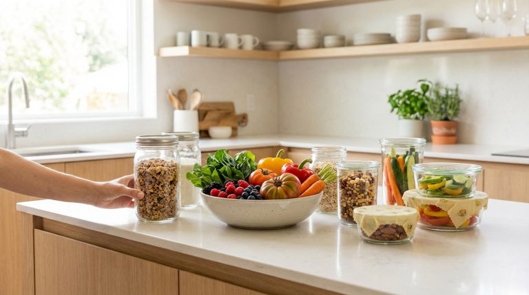Main plaçant un bocal de granola sur un comptoir de cuisine moderne avec des fruits, légumes et autres aliments en contenants réutilisables.