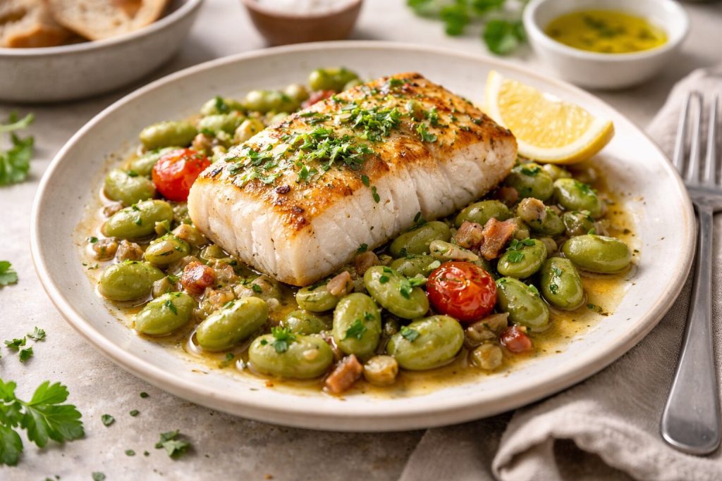 Filet de cabillaud poêlé et fèves