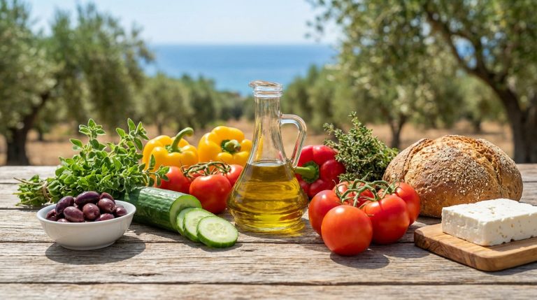 Assortiment d'aliments frais du régime crétois : huile d'olive, légumes, pain, feta, olives et herbes, sur une table en bois avec vue sur la mer.