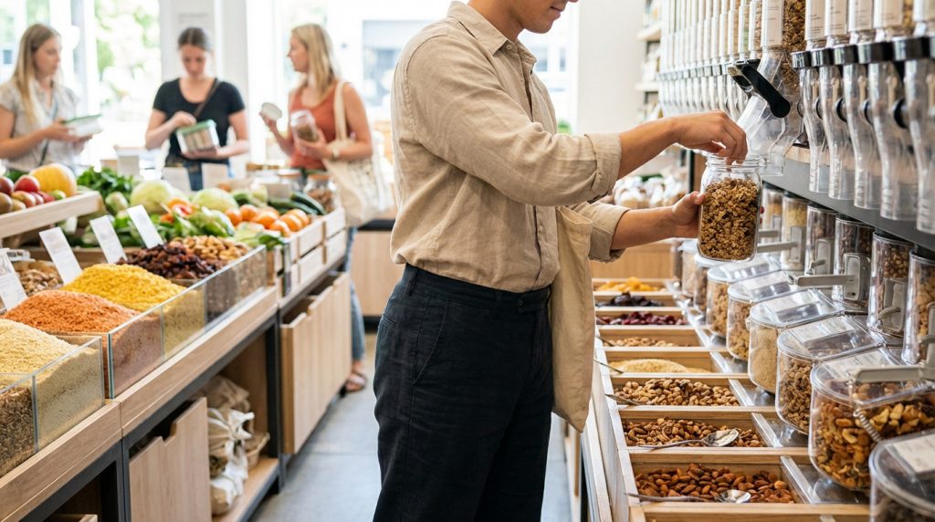 Homme remplissant un bocal de céréales en vrac dans une épicerie zéro déchet, avec d'autres clients et des fruits et légumes en arrière-plan.