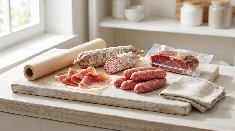 Diverses charcuteries (saucissons, jambon cru, saucisses fraîches, viande sous vide) sur une planche à découper en bois, sur un comptoir de cuisine.