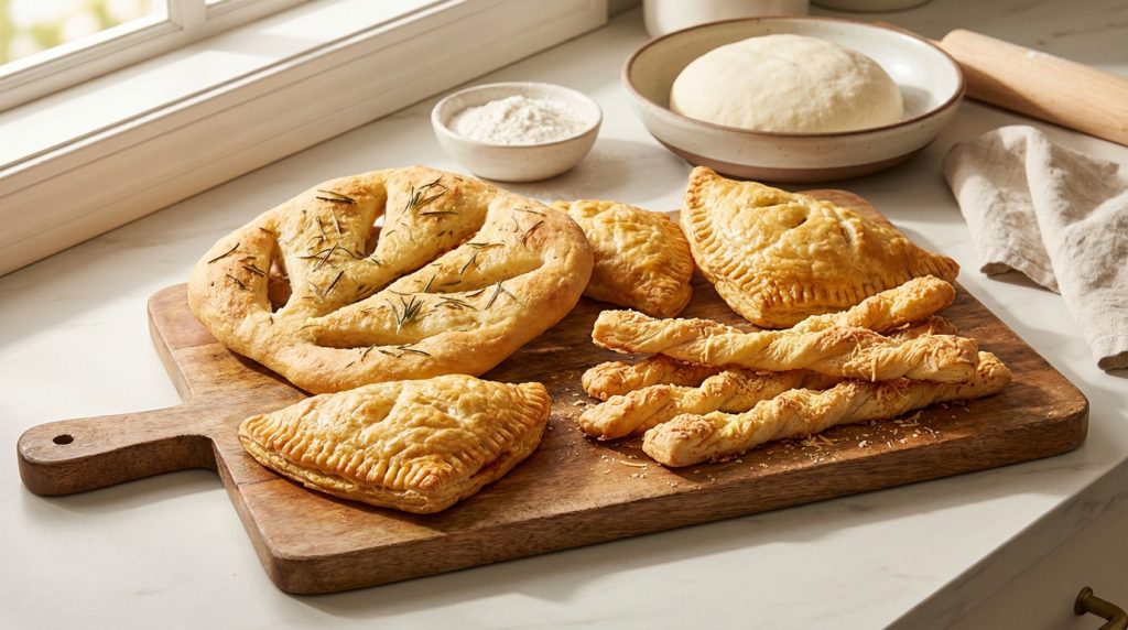 Une planche en bois présentant focaccia, chaussons salés et torsades au fromage. En arrière-plan, pâte crue et farine.