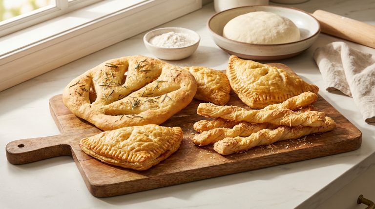 Une planche en bois présentant focaccia, chaussons salés et torsades au fromage. En arrière-plan, pâte crue et farine.