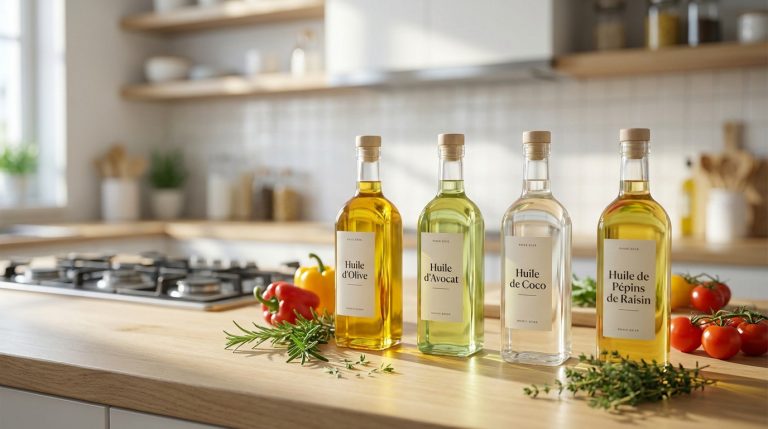 Quatre bouteilles d'huiles de cuisson (olive, avocat, coco, pépins de raisin) sur un comptoir de cuisine en bois. Légumes et herbes aromatiques.
