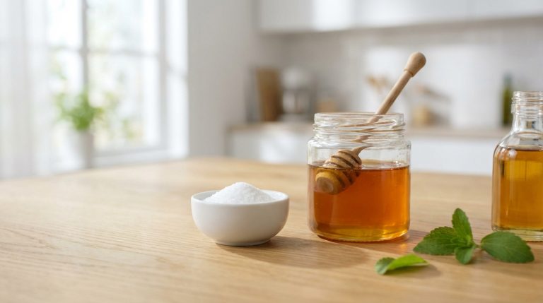 Un bol de sucre granulé, un pot de miel avec cuillère, une bouteille de sirop de stevia et des feuilles de stevia sur une table.