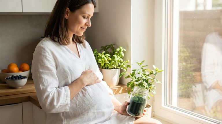 Une femme enceinte souriante caresse son ventre tout en tenant un pot de spiruline verte, près d'une fenêtre lumineuse.
