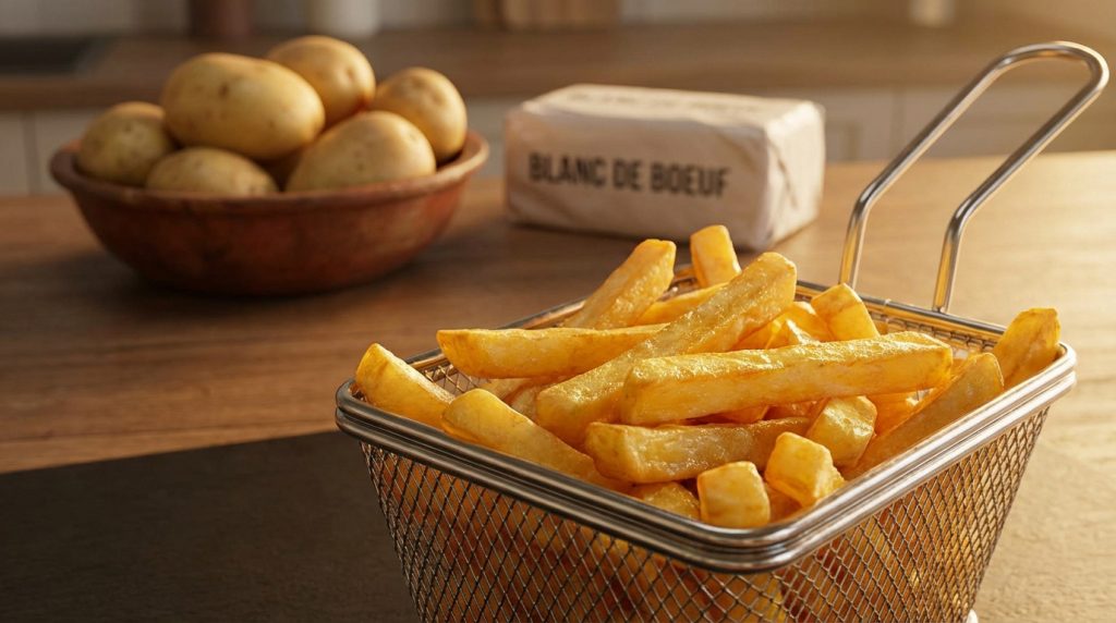 Frites dorées dans un panier, avec pommes de terre crues et un bloc de blanc de bœuf en arrière-plan sur une table en bois.