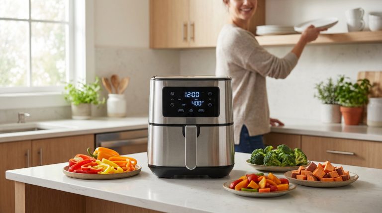 Friteuse à air moderne en acier inoxydable sur un comptoir de cuisine. Des légumes frais coupés sont sur des assiettes. Une femme souriante est en arrière-plan.