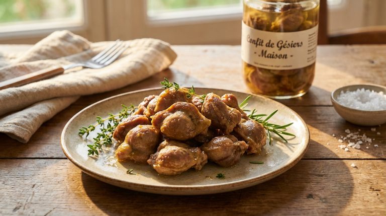 Assiette de gésiers de volaille confits garnie de thym et romarin, avec un bocal "Confit de Gésiers Maison" et du sel sur bois.
