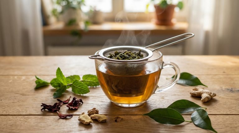 Tasse de tisane chaude en infusion avec passoire, entourée de menthe, hibiscus et gingembre sur table en bois.