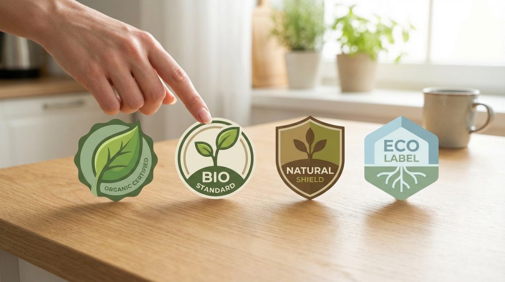 Main pointant des labels bio et éco : Organic Certified, Bio Standard, Natural Shield, Eco Label sur une table en bois.