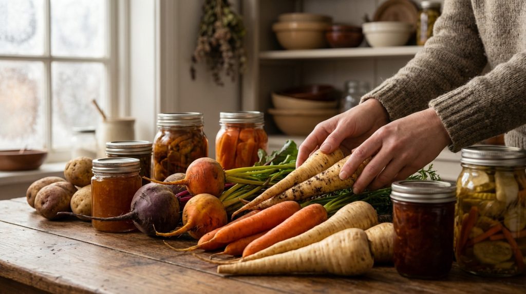 Mains tenant des panais frais. Sur une table rustique, légumes racines (carottes, betteraves, pommes de terre) et bocaux de conserves. Ambiance hivernale.
