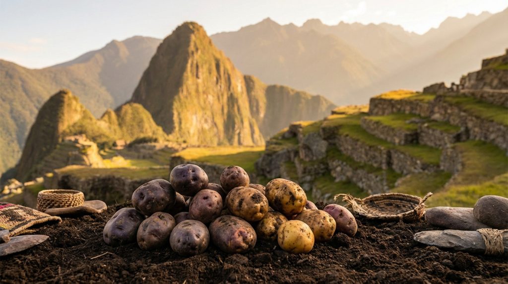 Un tas de pommes de terre de diverses couleurs sur de la terre, avec le site archéologique du Machu Picchu et des montagnes en arrière-plan.