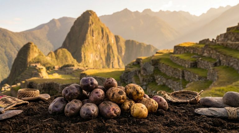 Un tas de pommes de terre de diverses couleurs sur de la terre, avec le site archéologique du Machu Picchu et des montagnes en arrière-plan.