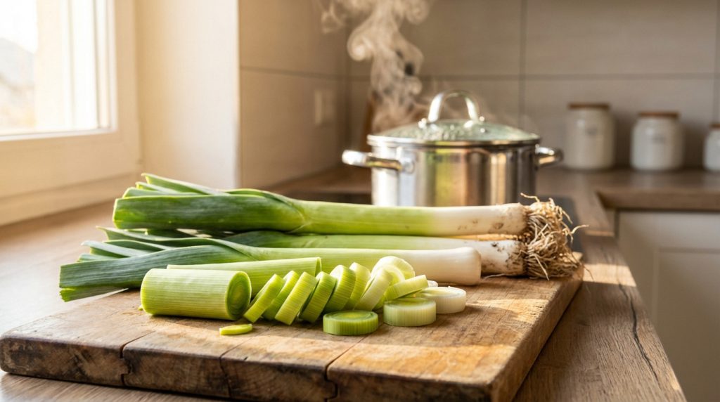 Des poireaux frais, certains entiers et d'autres coupés en rondelles sur une planche à découper en bois, devant une casserole fumante.