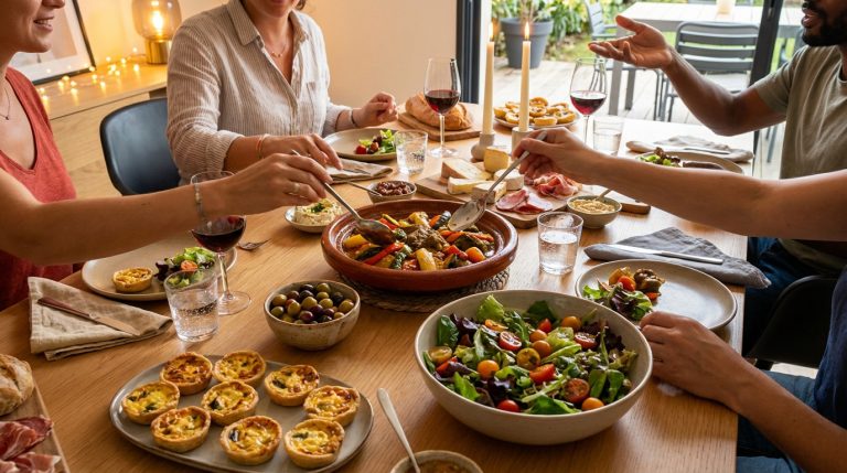 Des amis partagent un dîner varié autour d'une grande table en bois, avec tajine, salade, quiches, olives, fromages et vin.