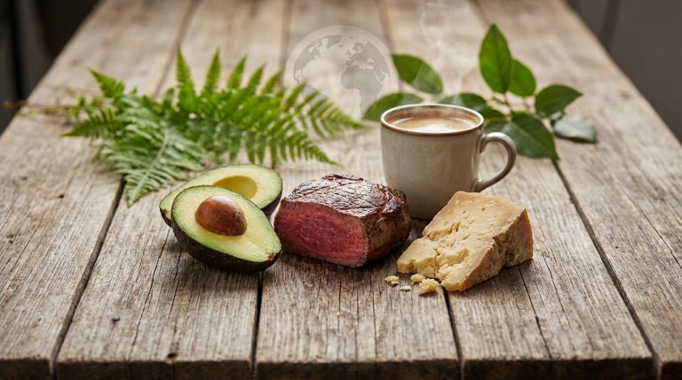 Avocat, steak, fromage et café sur table en bois, avec verdure en fond et un globe terrestre en filigrane.
