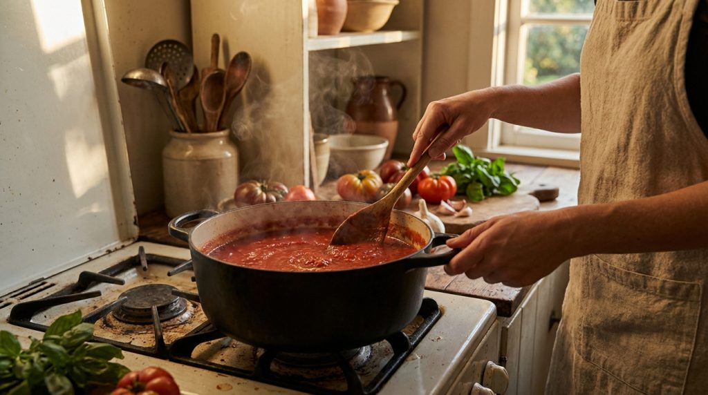 Une personne en tablier remue une sauce tomate fumante dans une cocotte sur une cuisinière. Tomates, ail et basilic frais sont sur le comptoir.