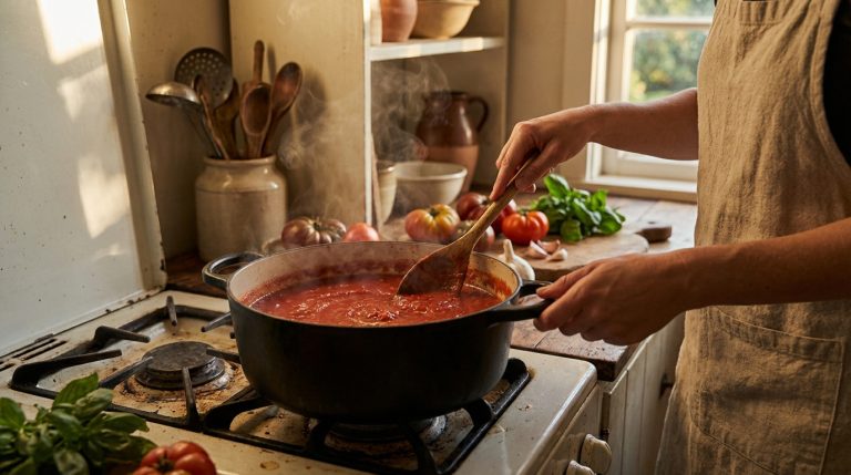 Une personne en tablier remue une sauce tomate fumante dans une cocotte sur une cuisinière. Tomates, ail et basilic frais sont sur le comptoir.