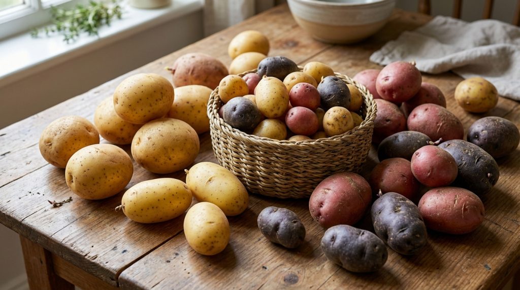 Assortiment de pommes de terre de différentes couleurs (jaune, rouge, violet) et tailles, étalées sur une table en bois rustique, avec un panier en osier rempli de petites patates.