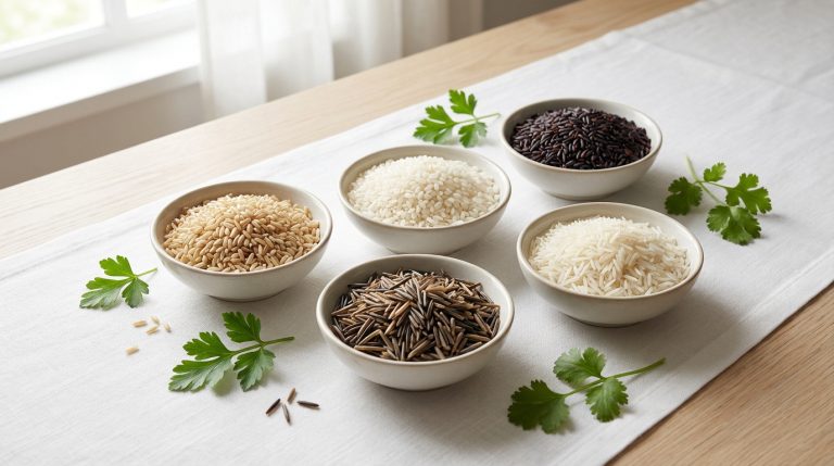 Cinq bols de riz variés (brun, blanc court, sauvage, noir, blanc long) avec herbes sur une nappe blanche et table en bois.